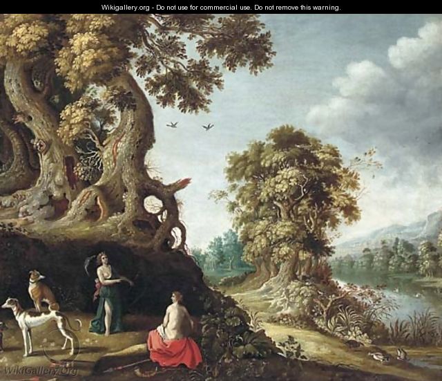 A wooded river landscape with Jupiter and Callisto - (after) Roelandt Jacobsz Savery