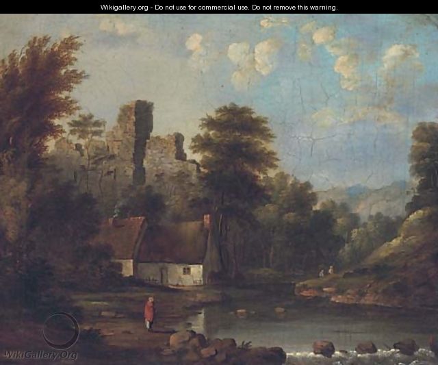 Figures by a riverside cottage, a castle ruin beyond - (after) Robert Gibb