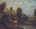 Figures by a riverside cottage, a castle ruin beyond - (after) Robert Gibb