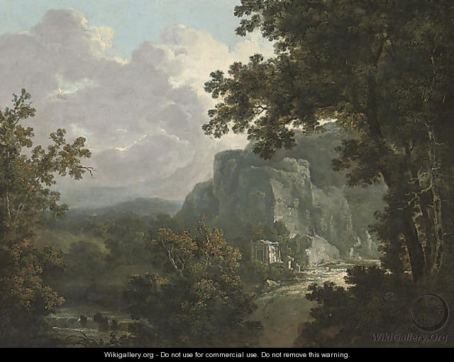 An extensive wooded river landscape with classical ruins - (after) Richard Wilson