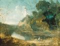 A wooded river landscape,with countryfolk resting in the foreground, a hilltop ruin beyond - (after) Richard Wilson