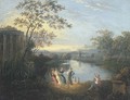 An Arcadian landscape with figures dancing by a river, a ruined castle beyond - (after) Richard Wilson