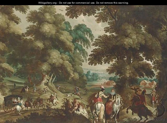 A wooded landscape with a hawking party and elegant company in a carriage - (after) Sebastian Vrancx