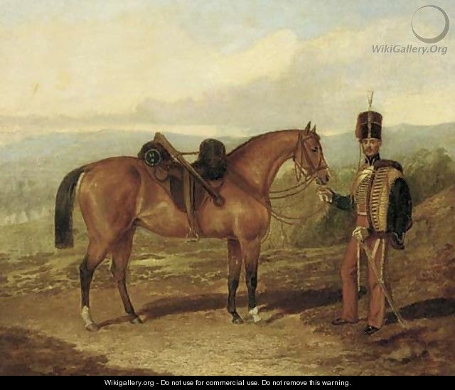 A hussar with his mount in an extensive landscape - (after) Samuel Spode