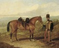 A hussar with his mount in an extensive landscape - (after) Samuel Spode