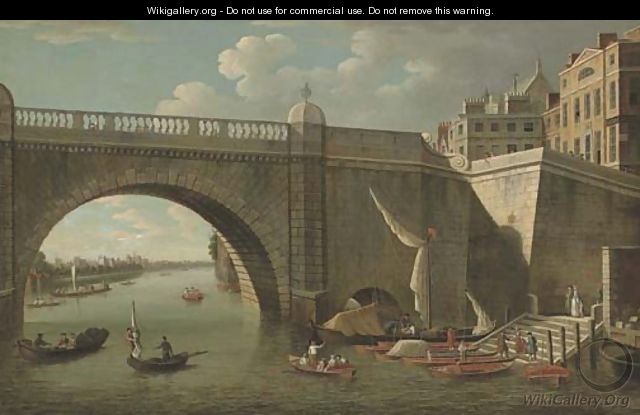 A view through Westminster Bridge looking west towards Lambeth Palace, with figures and boatmen in the foreground - (after) Samuel Scott