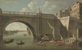 A view through Westminster Bridge looking west towards Lambeth Palace, with figures and boatmen in the foreground - (after) Samuel Scott