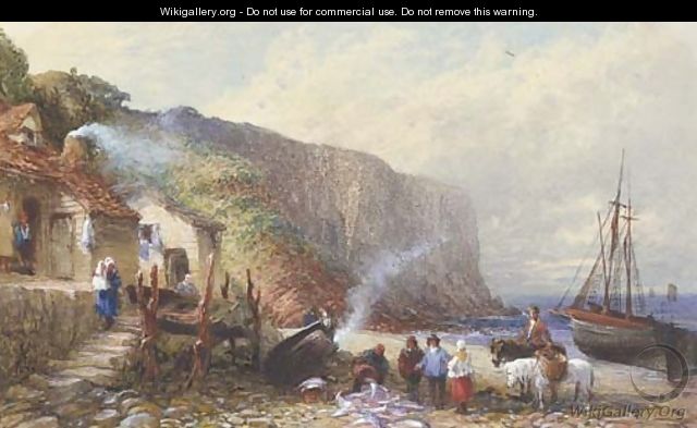 A coastal hamlet with figures selling fish on the foreshore - (after) Samuel Austin