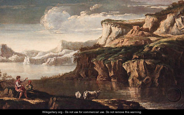 A rocky Italianate landscape with drovers and cattle at a pool - (circle of) Rosa, Salvator