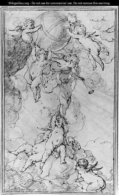 Putti in the Clouds supporting a Globe - (after) Dyck, Sir Anthony van