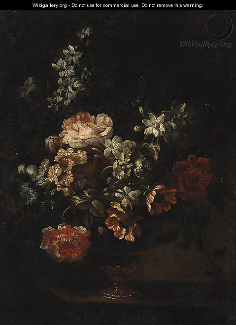 Carnations, Roses, Tulips and other Flowers in an glass Vase on a Ledge - (after) Simon Hardime