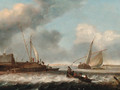 A fishing boat and a rowing boat off shore - (after) Simon De Vlieger