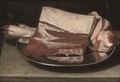 A leg of pork on a pewter plate, on a table - (after) Sebastien Stoskopff