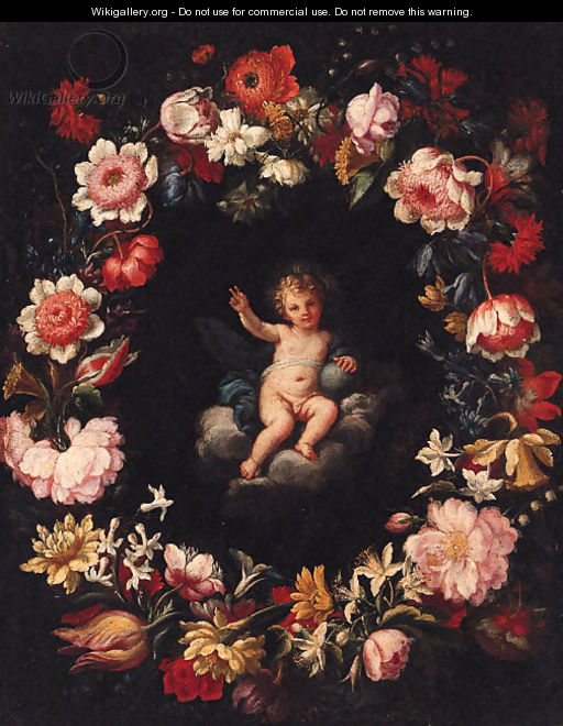 The Infant Christ in a medallion surrounded by a garland of flowers - (after) Pier Francesco Cittadini