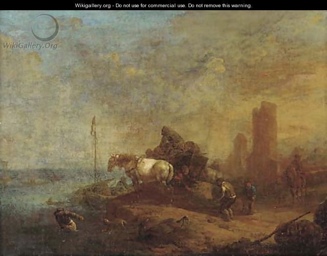 Workers loading a boat near a horse and cart, a town beyond - (after) Philips Wouwerman