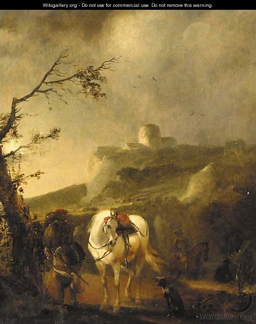 A landscape at dusk with a cavalier beside his mount - (after) Philips Wouwerman