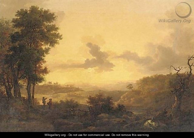 An extensive valley landscape at sunset with figures and cattle - (after) Loutherbourg, Philippe de