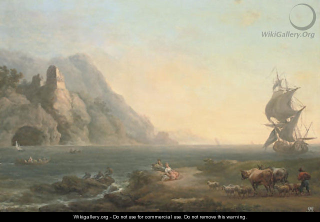 A rocky coastal landscape with fishermen and drovers in the foreground, a ship beyond - (after) Loutherbourg, Philippe de