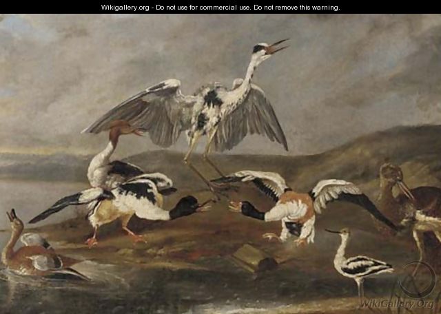 Ducks, a heron and other birds on a bank - (after) Ferdinand Phillip De Hamilton