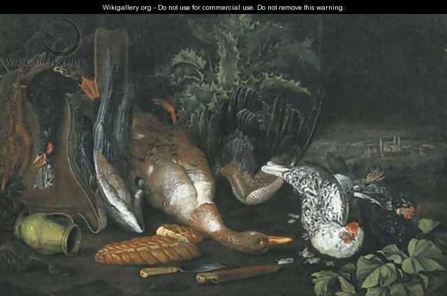 A partridge, a dead duck, a pitcher, two knives, a loaf of bread and hens, on a forest floor - (after) Ferdinand Phillip De Hamilton