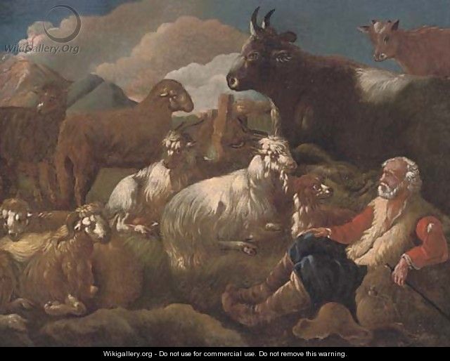 A shepherd resting with his cattle in a mountainous landscape - (after) Philipp Peter Roos