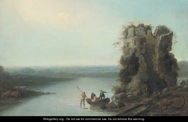 Fishermen in a boat before a tower ruin, in an extensive landscape - (after) Loutherbourg, Philippe de