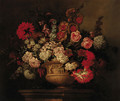 Roses, lilies, narcissi, marigolds and other flowers in a sculptured urn on a plinth - (after) Pieter Casteels