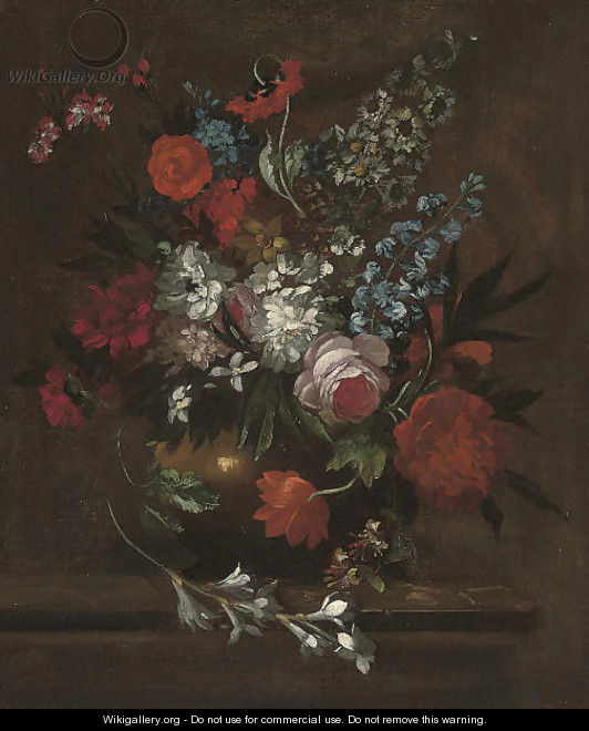 Roses, chrysanthemums, morning glory, lilies, carnations and other flowers in a vase on a stone ledge - (after) Pieter Casteels III
