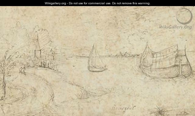 Two ships on a broad estuary, figures on a path in the left foreground - (after) Pieter The Elder Bruegel