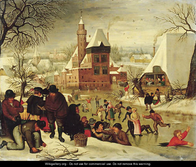 A winter landscape with peasants skating and playing kolf on a frozen river, a town beyond - (after) Pieter The Younger Brueghel