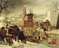 A winter landscape with peasants skating and playing kolf on a frozen river, a town beyond - (after) Pieter The Younger Brueghel