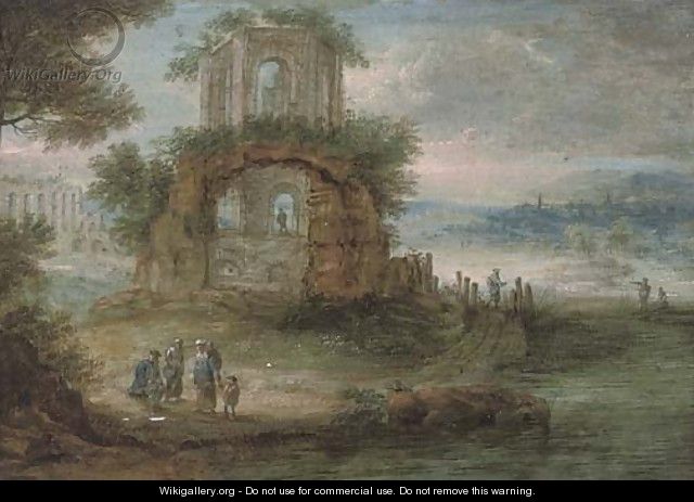 A wooded river landscape with travellers at rest by classical ruins - (after) Pieter Bout