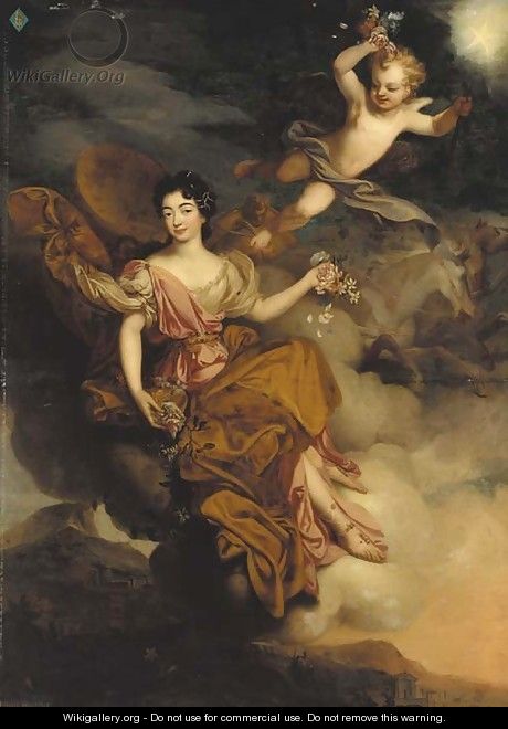 Portrait of Mademoiselle de la Force as Flora, full-length, with putti in a landscape - (after) Mignard, Pierre II