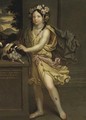 Portrait of Princess Electrice of Brandenberg, standing full-length, dressed as Flora, with a spaniel on a ledge to the side - (after) Mignard, Pierre II