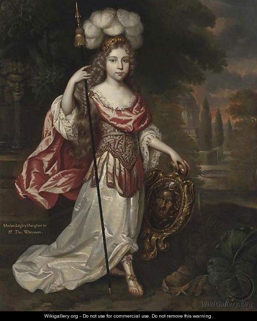 Portrait of Madame Lagley, daughter to Sir Thomas Whitemore, full-length, in a white and pink Roman dress - (after) Mignard, Pierre II