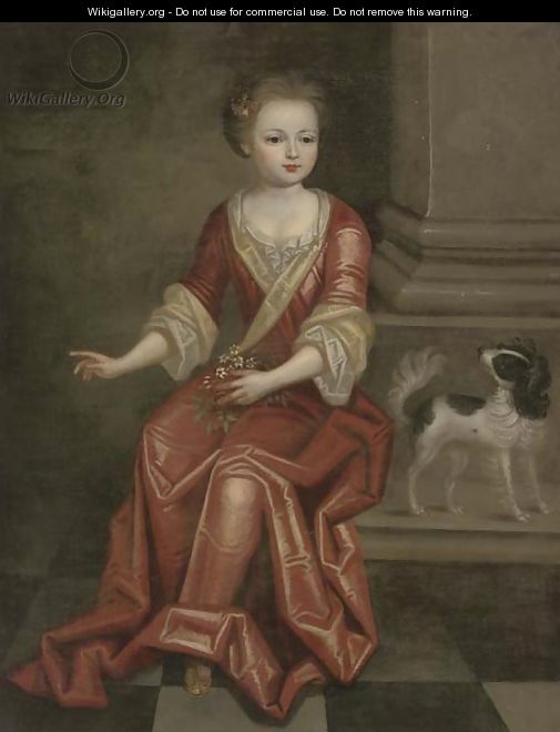Portrait of a young girl, seated full-length, in a red dress, by a column, holding a sprig of jasmine in her left hand, a spaniel at her side - (after) Mignard, Pierre II