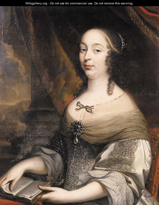 Portrait of a noblewoman said to be Charlotte de Louigny nee de Castelnau, seated half length on a terrace by a draped column, wearing a gold embroide - (after) Mignard, Pierre II