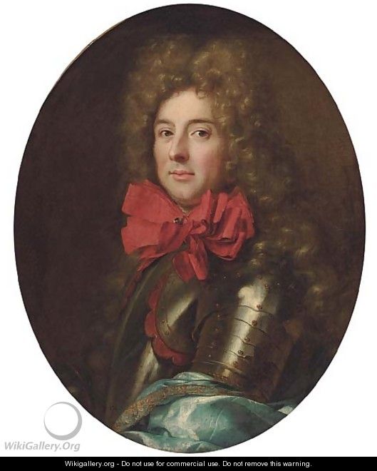 Portrait of a gentleman, bust-length, in armour and a red neckerchief, traditionally identified as the Duc de Ventadour - (after) Mignard, Pierre II