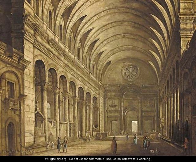 Figures in a Baroque church interior - (after) Pierre-Antoine Demachy