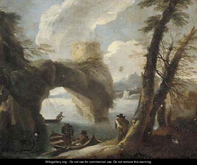 A coastal landscape with figures in boats by a rocky outcrop - (after) Pieter The Younger Mulier (Tampesta, Pietro)