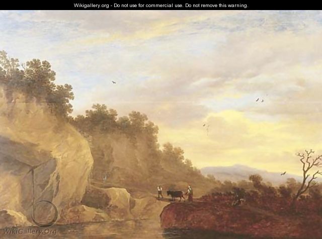 An Italianate landscape with herdsmen and a cow crossing a bridge - (after) Pieter De Molyn