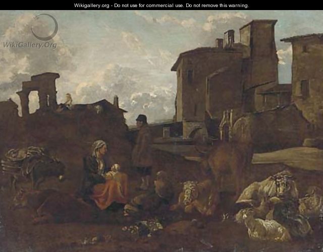 An Italainate landscape with a drover, his family and cattle - (after) Pieter Van Laer (BAMBOCCIO)