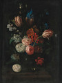 Carnations, tulips, peonies, irises and other flowers in a glass bowl on a ledge - (after) Pieter Hardime