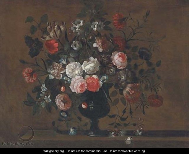 Parrot tulips, roses, morning glory, chrysanthemums and other flowers in a vase on a ledge - (after) Pieter Hardime