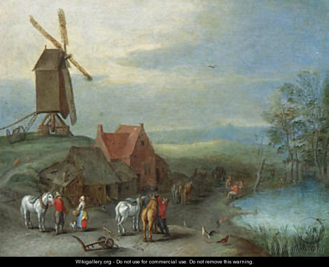 A landscape with a windmill and peasants and horses by a pool - (after) Pieter Gysels