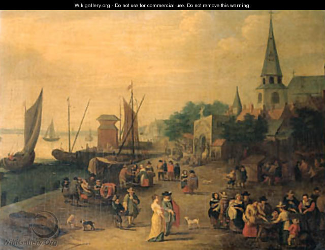 A fishmonger on a quay outside a city gate - (after) Pieter Gysels