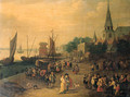 A fishmonger on a quay outside a city gate - (after) Pieter Gysels