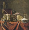 A silver candlestick, an emamelled jewellery box with a pearl necklace and a pair of fans - (after) Pieter Gerritsz. Van Roestraeten