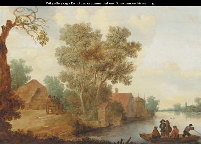 A ferry on a river with travellers on a horse drawn wagon, approaching a hamlet, in summer - (after) Pieter De Neyn