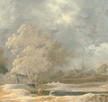 A river landscape with anglers on a river bank, a church beyond - (after) Pieter De Molijn